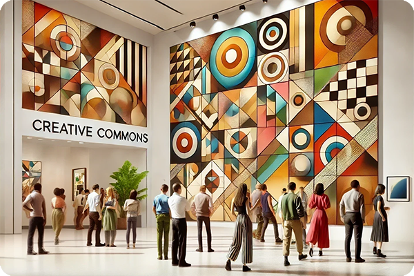 Generative AI image showing a crowd of people gathered around artwork which has been licensed under Creative Commons. TikBox.io provides online licensing and provenance labelling.