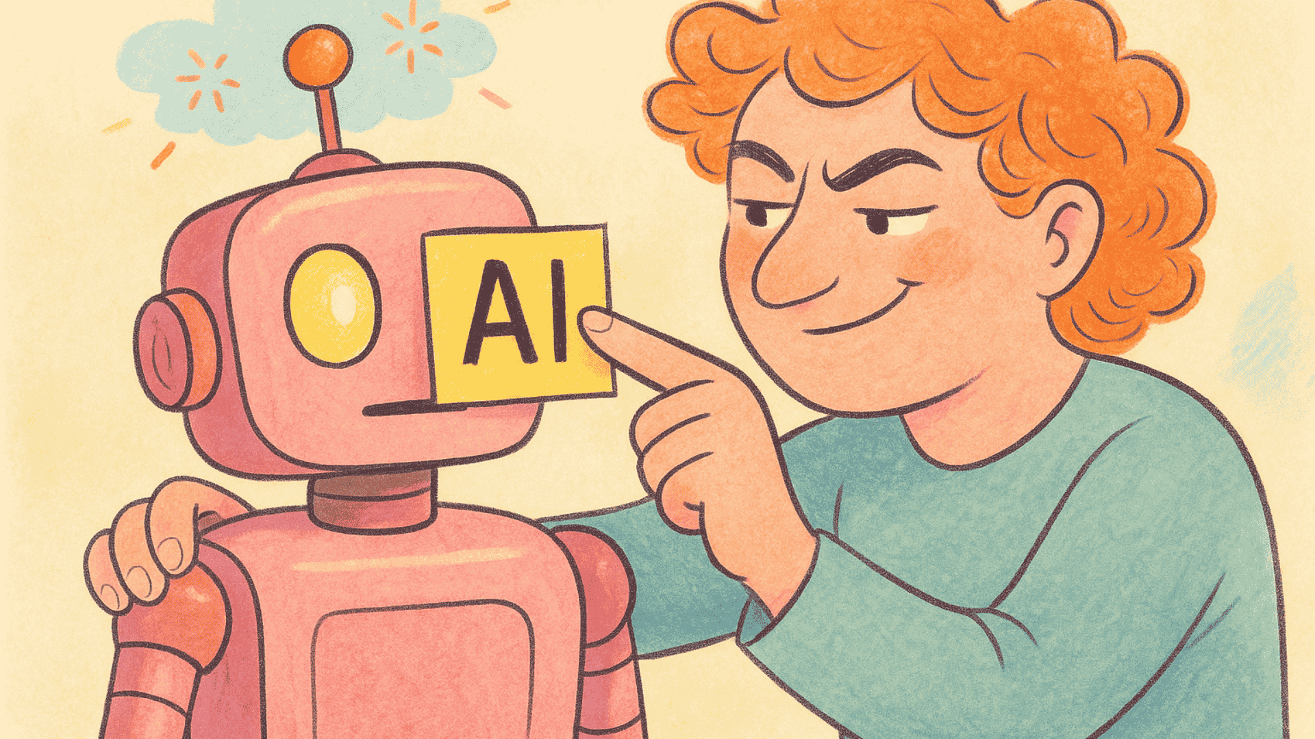 Labelling AI content | Person placing a yellow "AI" label on a pink robot’s face with a smirk, in a soft, cartoonish, pastel-colored setting.