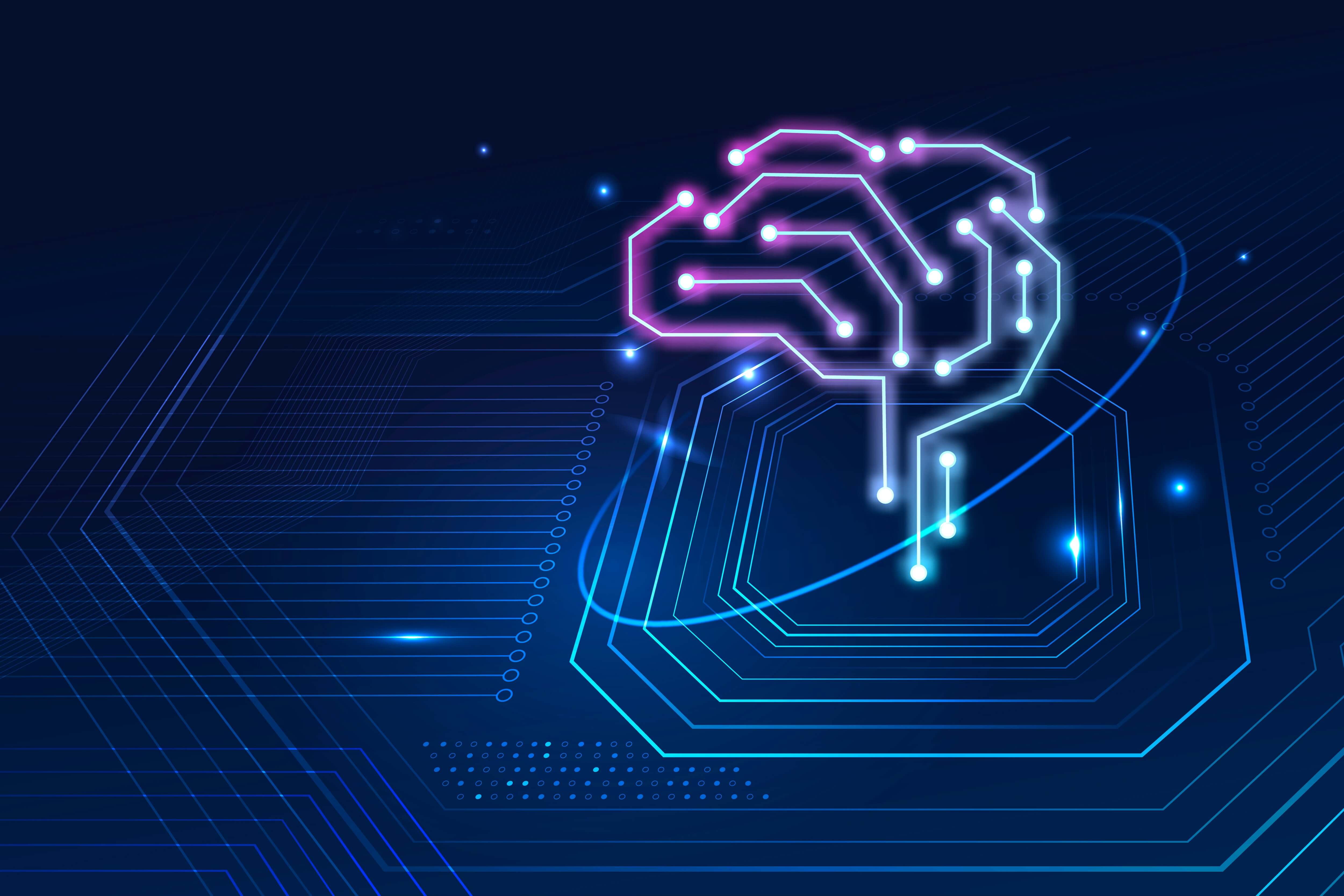 Glowing digital brain made of circuit lines on a dark blue tech background, symbolizing AI and machine learning.