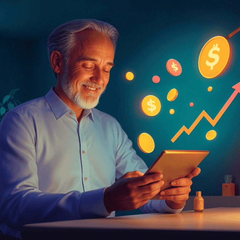 Smiling man using a tablet with golden coins and upward graph icons floating around, symbolising online monetisation and digital content growth.